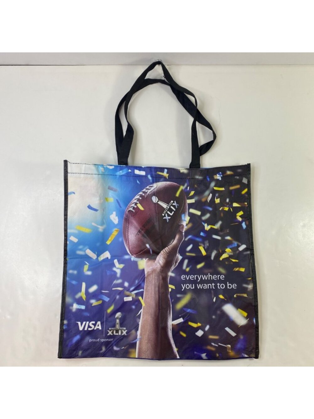 NFL Super Bowl XLIX Reusable Tote Bag Football Design Team Logos Blue Yellow